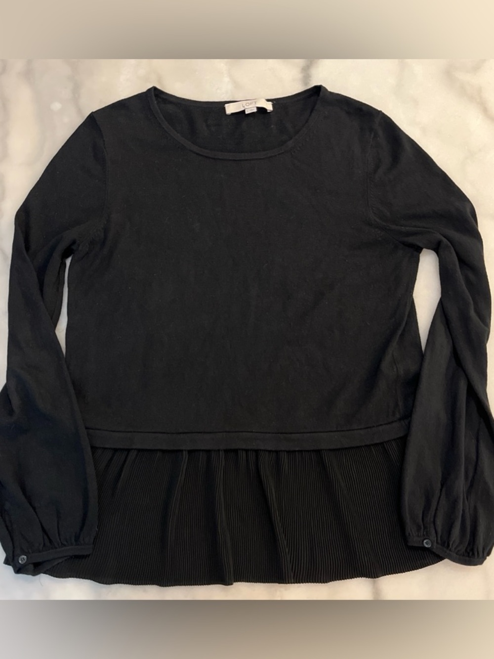 LOFT Black Long-Sleeve Layered Pleated-Hem Dress